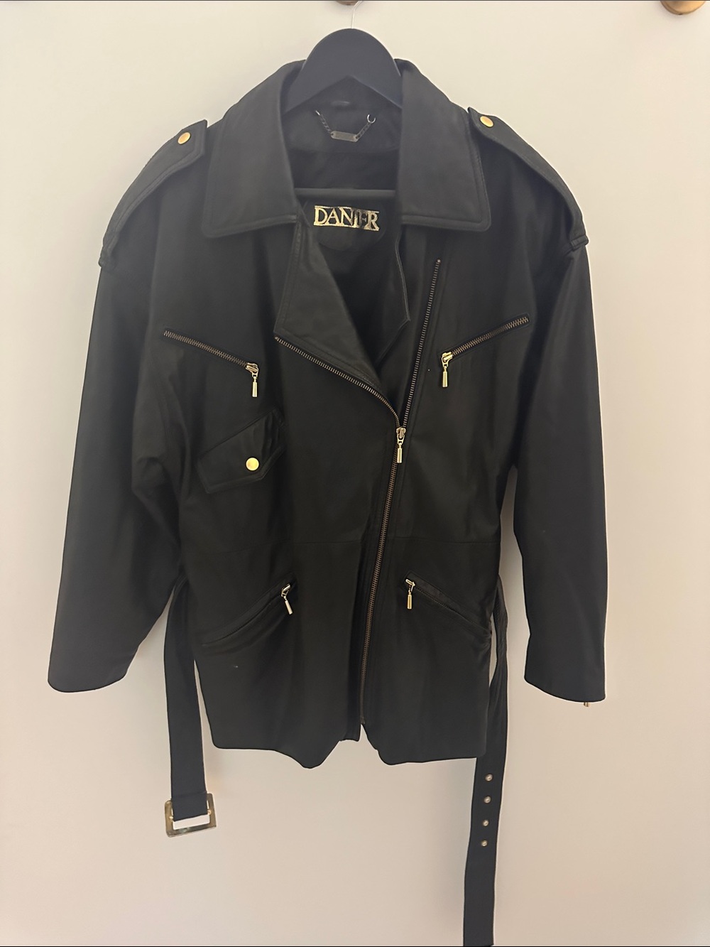 Danier Vintage Black Leather Belted Moto Jacket with Gold Hardware